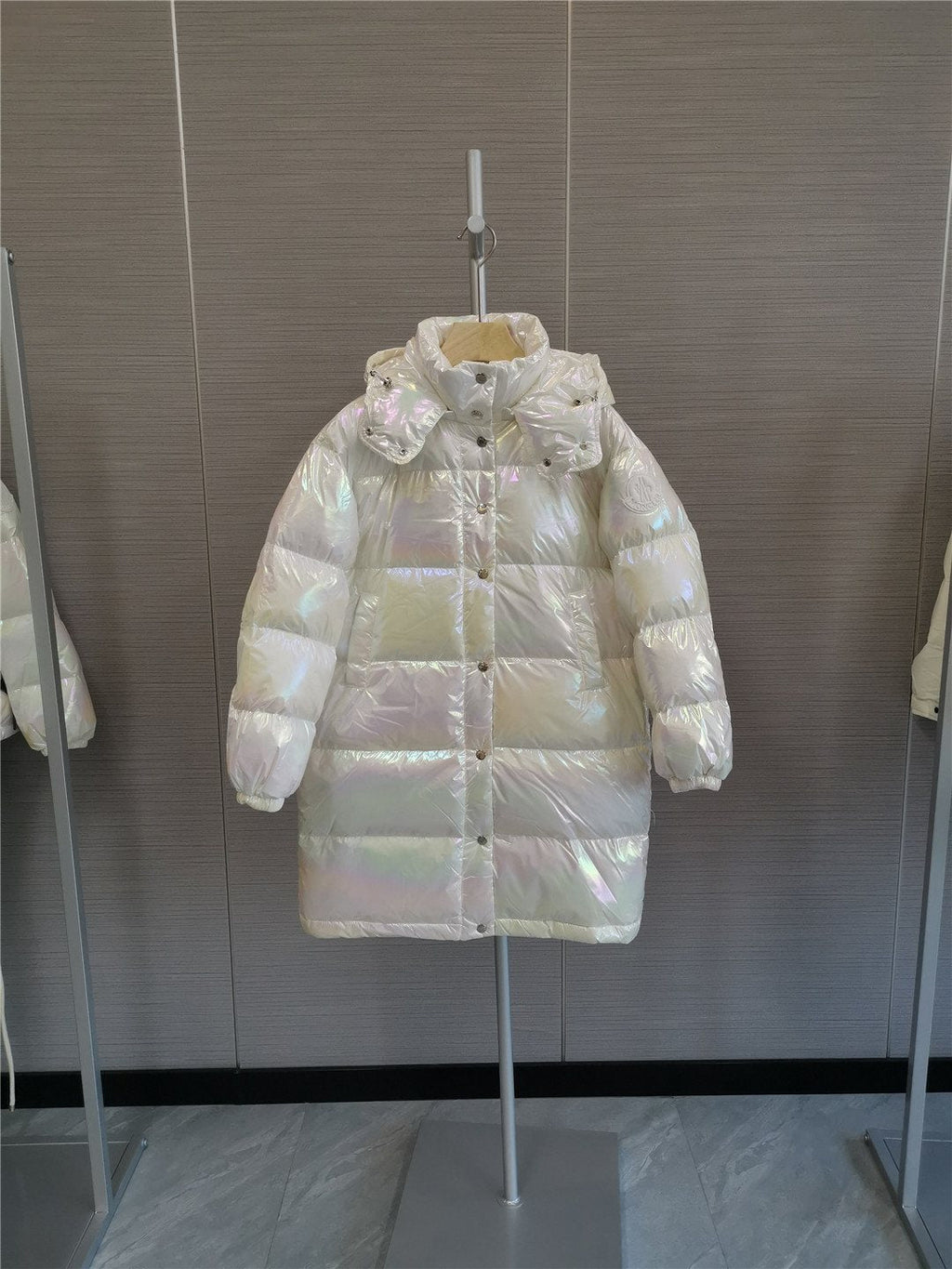 Moncler Women's Iridescent White Long Down Coat — hero