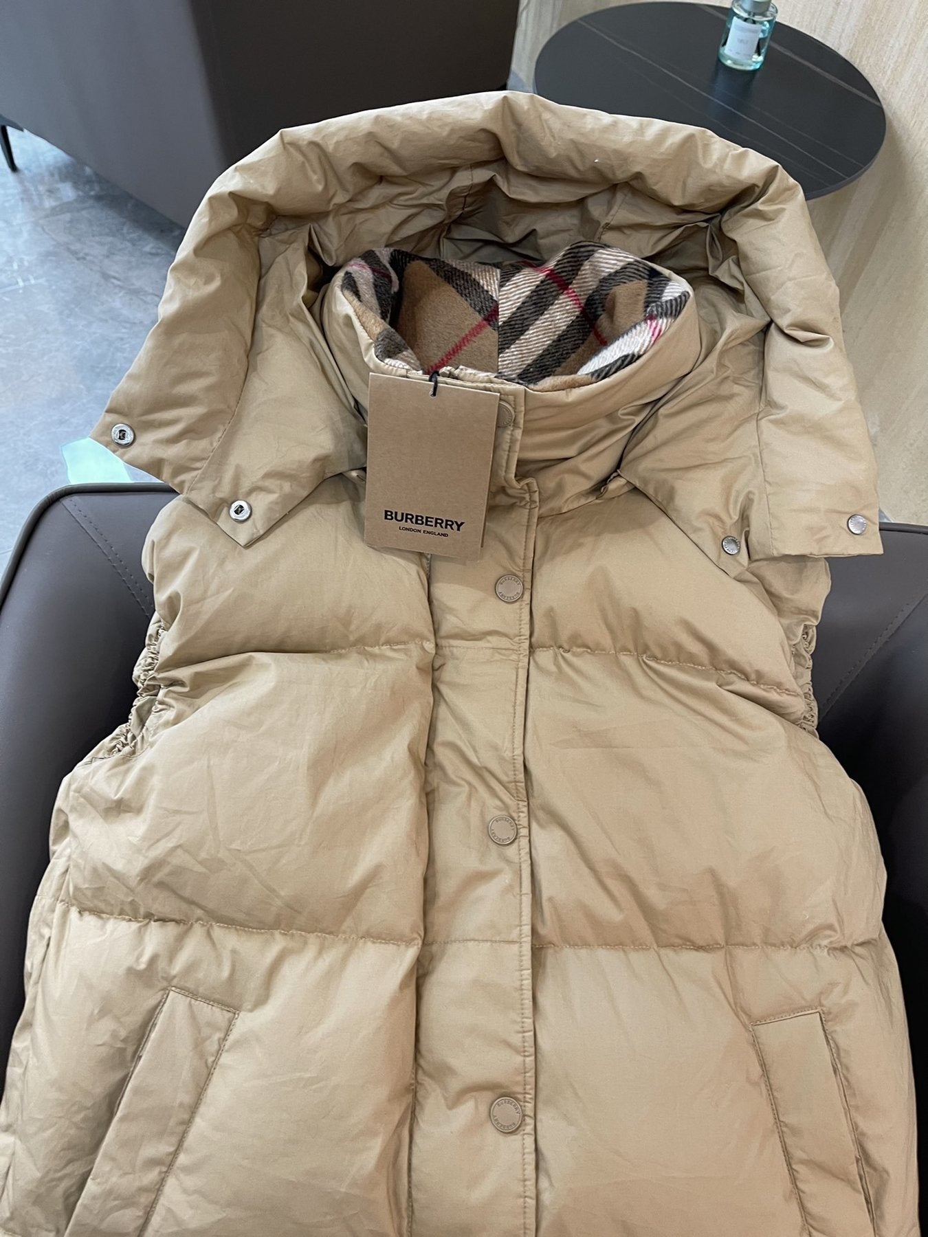 Burberry Hooded Long Down Vest — detail
