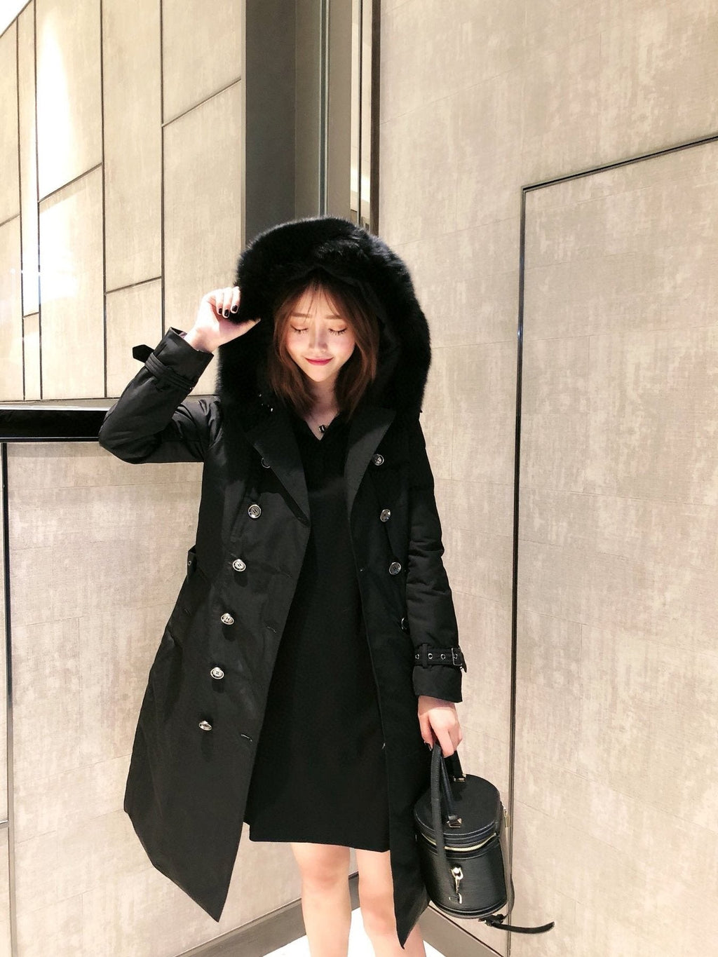 Burberry Fur-Trim Hooded Long Down Jacket — model