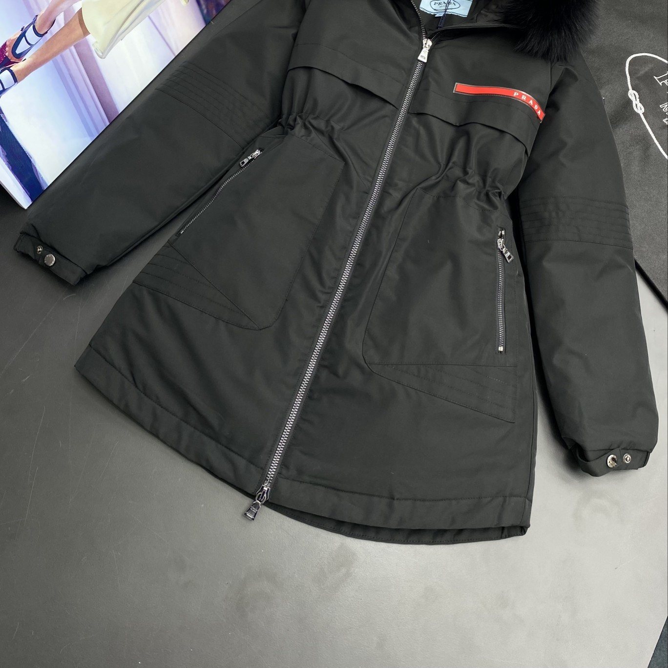 Prada Fur-Trim Hood Long Down Jacket — front