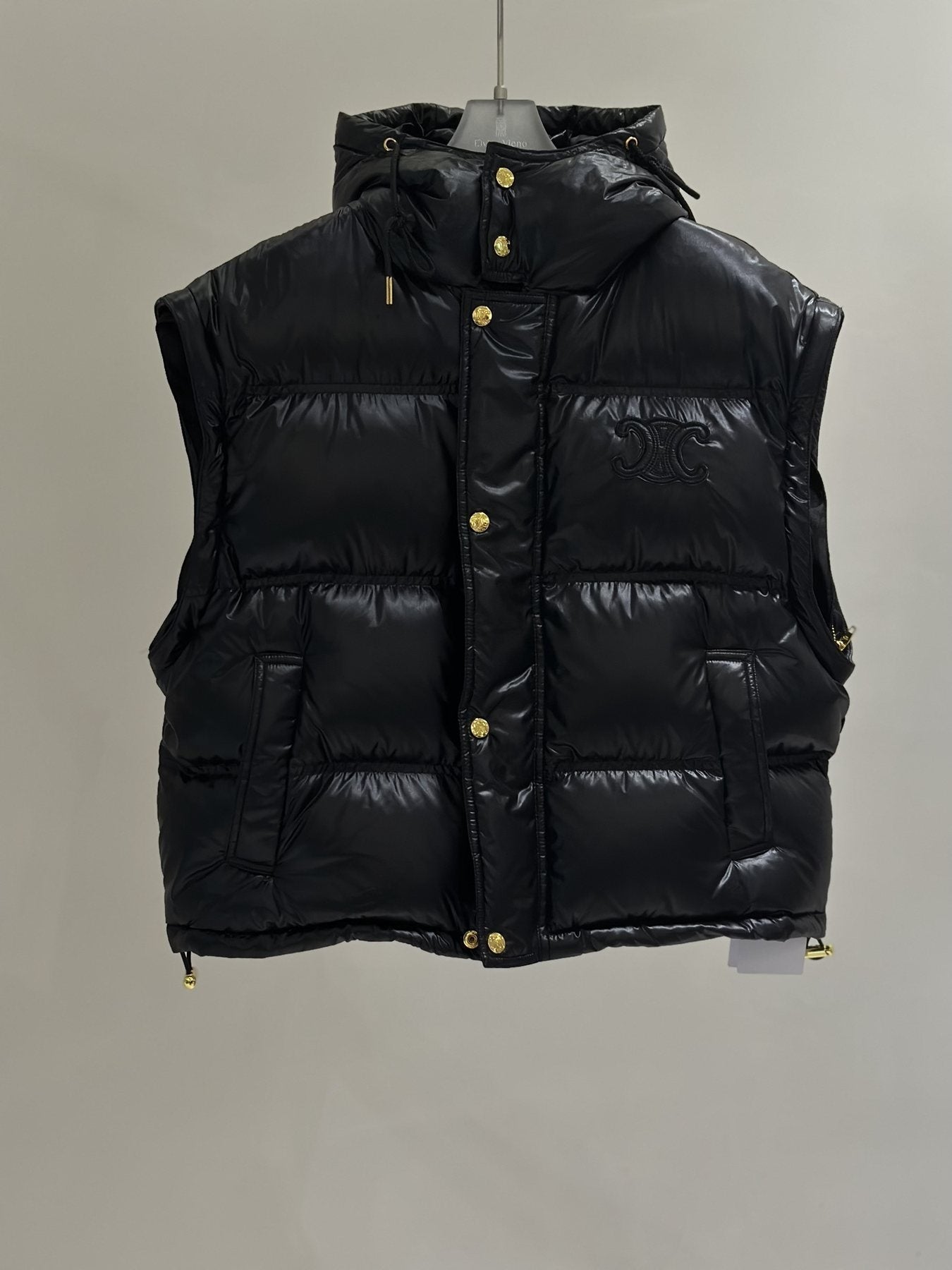 CEL*NE Down Coat Glossy Hooded Quilted Puffer Vest with Gold Buttons — back