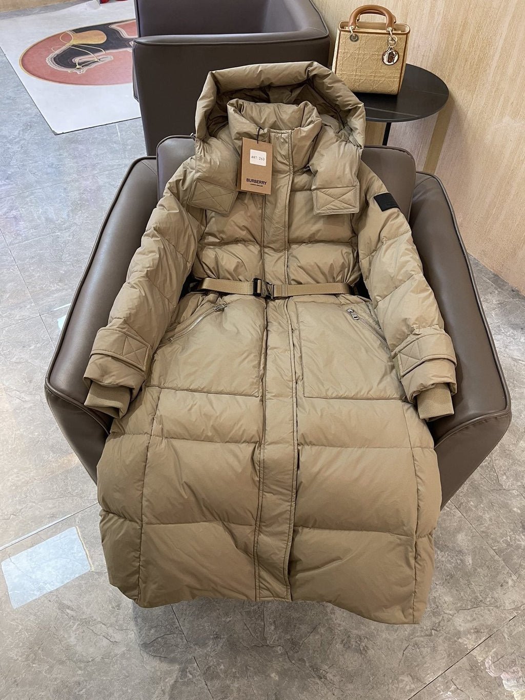 Burberry Hooded Belted Long Down Jacket — front
