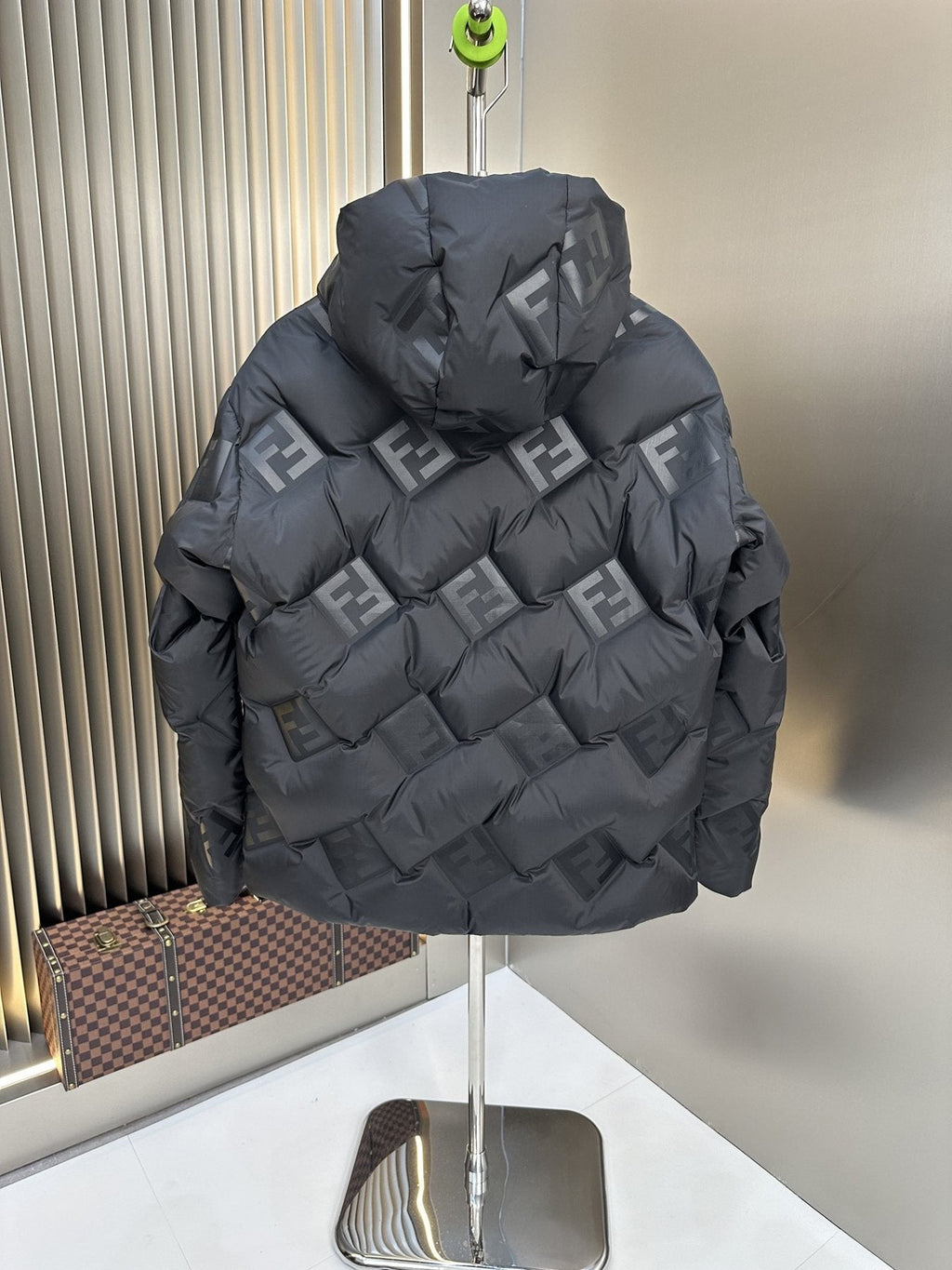 Fendi Black Hooded Tonal Geometric Puffer Jacket — back